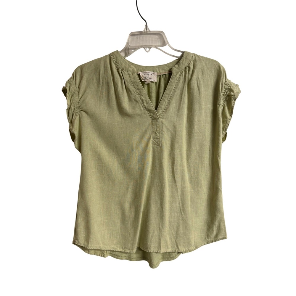 Flower & Feather Sage‎ Green Linen Blend Blouse Womens Large Boho Peasant Top